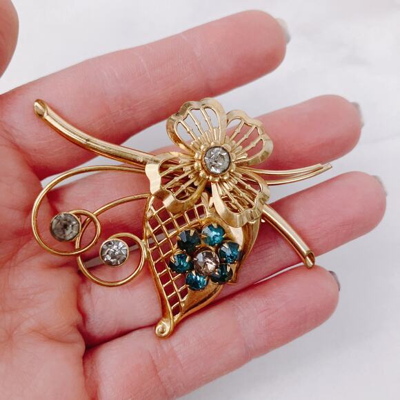 VTG Signed Harry Iskin 12K GF Blue Rhinestone Floral Brooch Mid Century 1950s - Picture 2 of 11